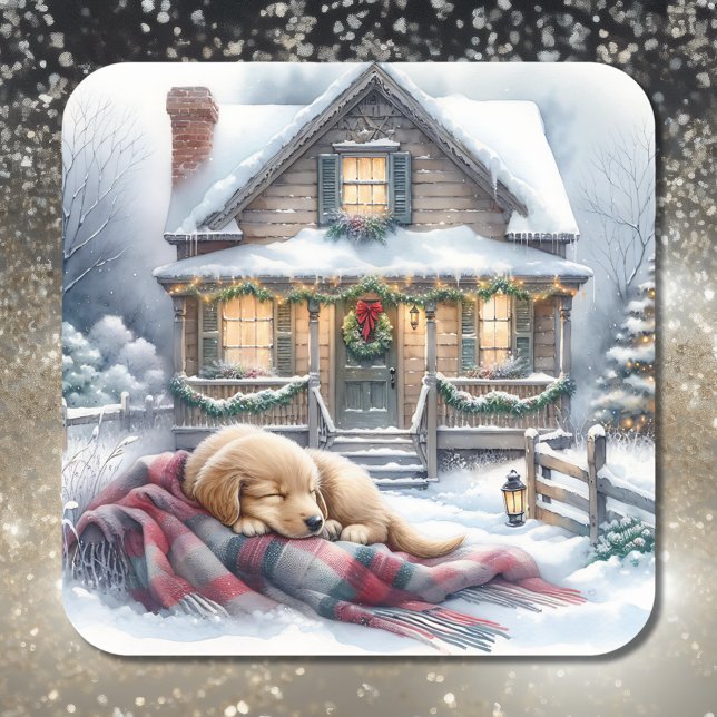 Puppy Asleep on Festive Front Porch Christmas Square Sticker (Creator Uploaded)
