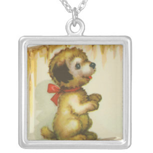 puppy at fence silver plated necklace