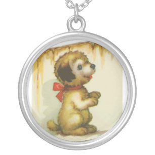 puppy at fence silver plated necklace