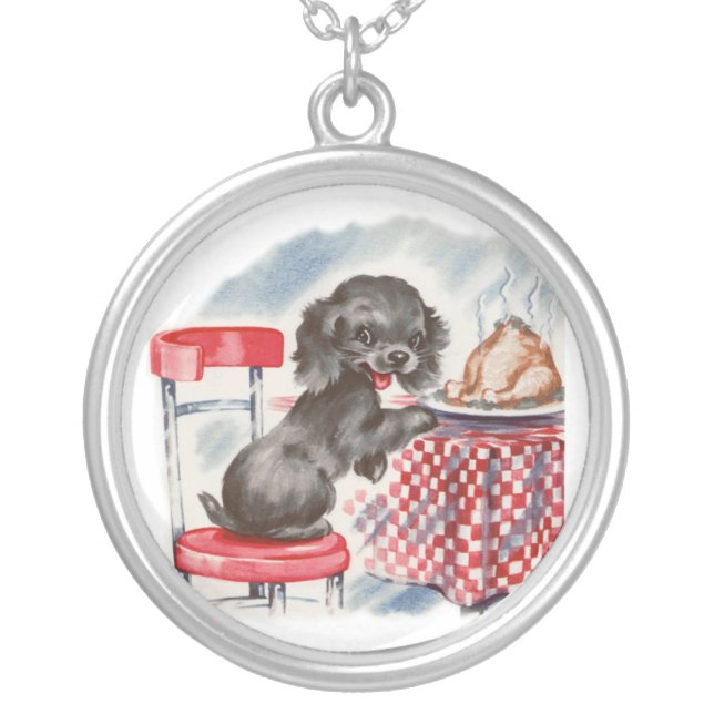 puppy at table silver plated necklace (Front)