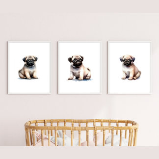 Puppy Bedroom Decor, Pug Dog Print, Wall Art Sets