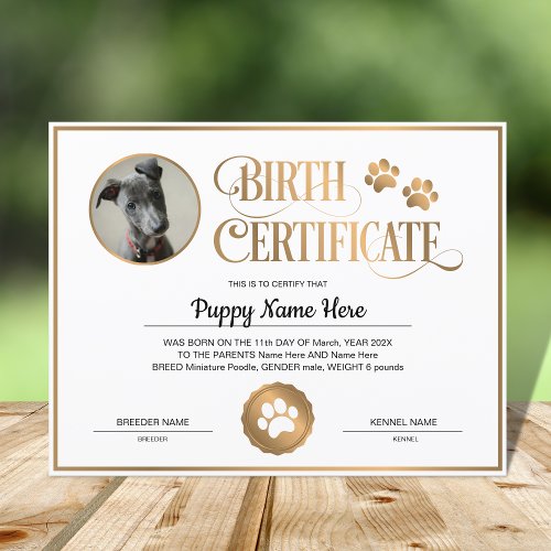 Puppy Birth Certificate Insert Photo Paw Print