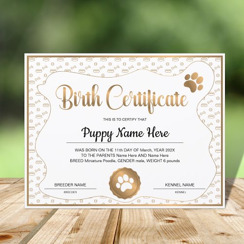 Puppy Birth Certificate Paw Print