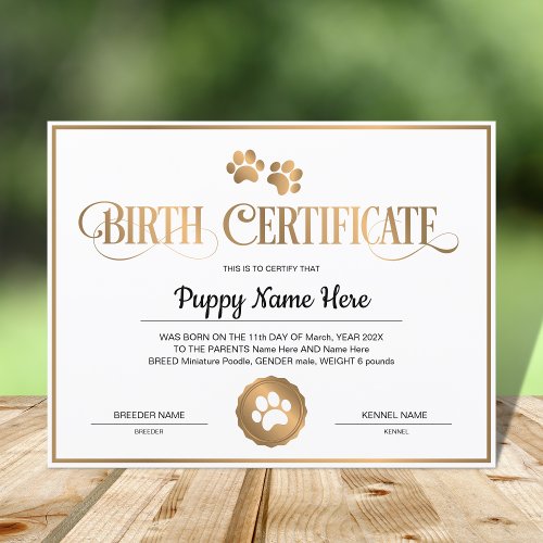 Puppy Birth Certificate Paw Print
