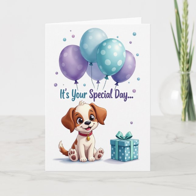 Puppy Birthday Balloons Card (Front)