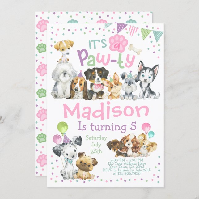 Puppy Birthday Invitation, Dog Birthday Party Invitation (Front/Back)