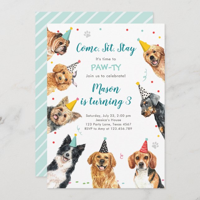 Puppy Birthday Invitation Dog Party Pawty Boy (Front/Back)
