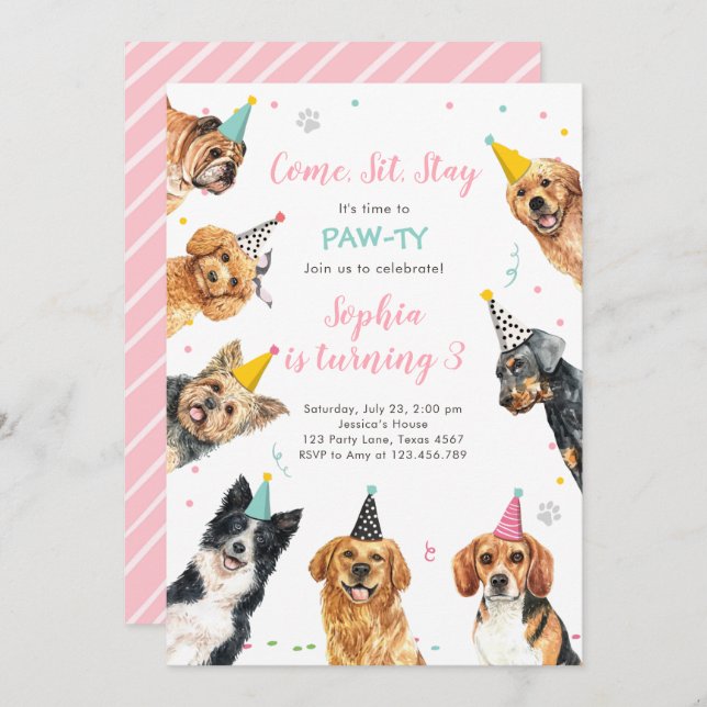 Puppy Birthday Invitation Dog Party Pawty Girl (Front/Back)