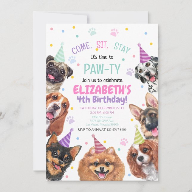 Puppy Birthday Invitation Dog Party Pawty Girl (Front)