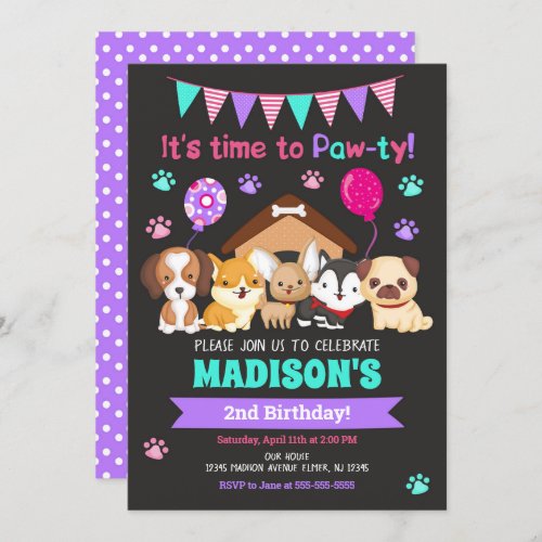 Puppy Birthday Invitation  Girl Paw_ty