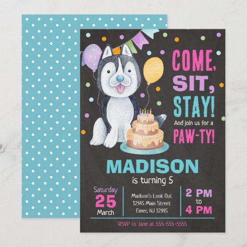 Puppy Birthday Invitation Girl Paw-ty Husky