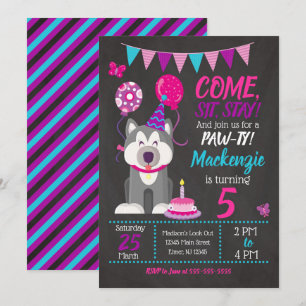Puppy Birthday Invitation Girl Paw-ty Husky