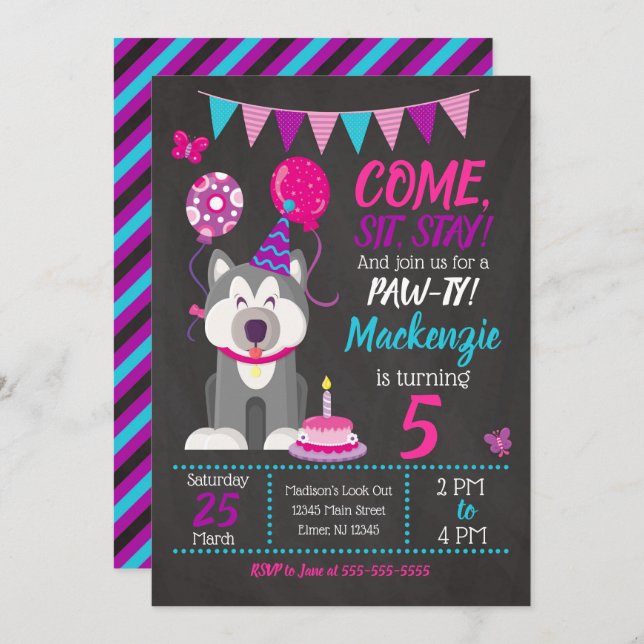 Puppy Birthday Invitation Girl Paw-ty Husky (Front/Back)
