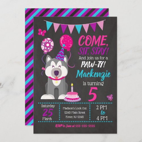 Puppy Birthday Invitation Girl Paw_ty Husky