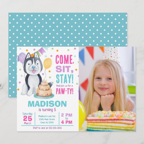Puppy Birthday Invitation Photo Girl Paw-ty Husky