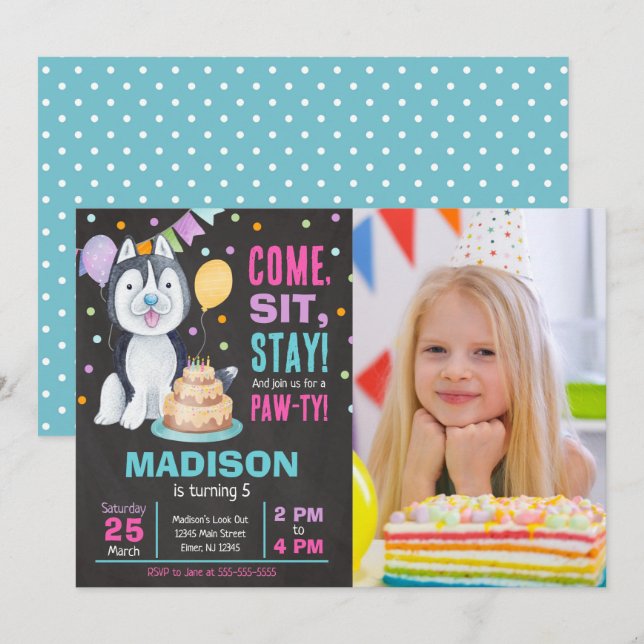 Puppy Birthday Invitation Photo Girl Paw-ty Husky (Front/Back)