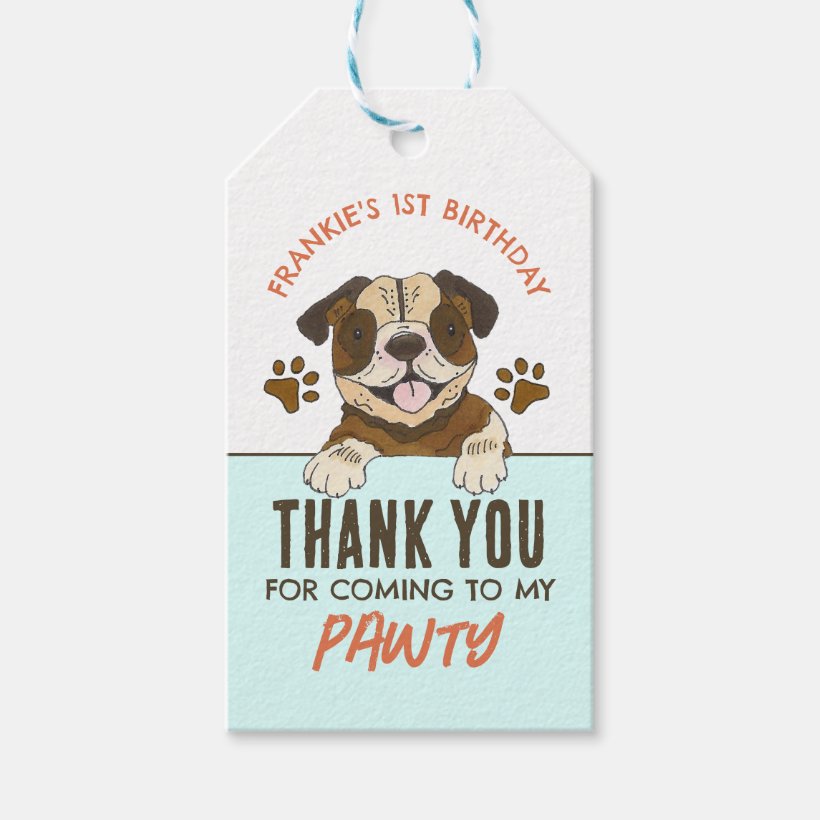 Puppy Birthday Party Bull Dog Thank You Gift Tags (Front)