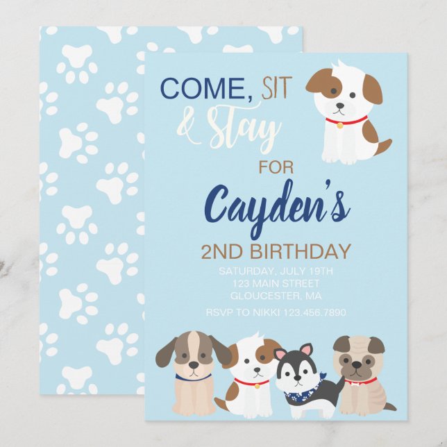 Puppy birthday party invitation Blue (Front/Back)