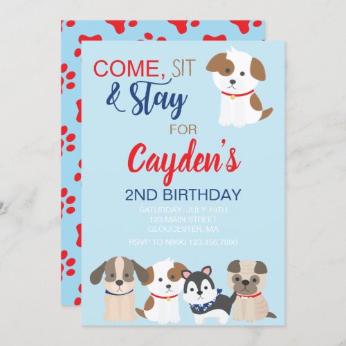 Puppy birthday party invitation Blue Red