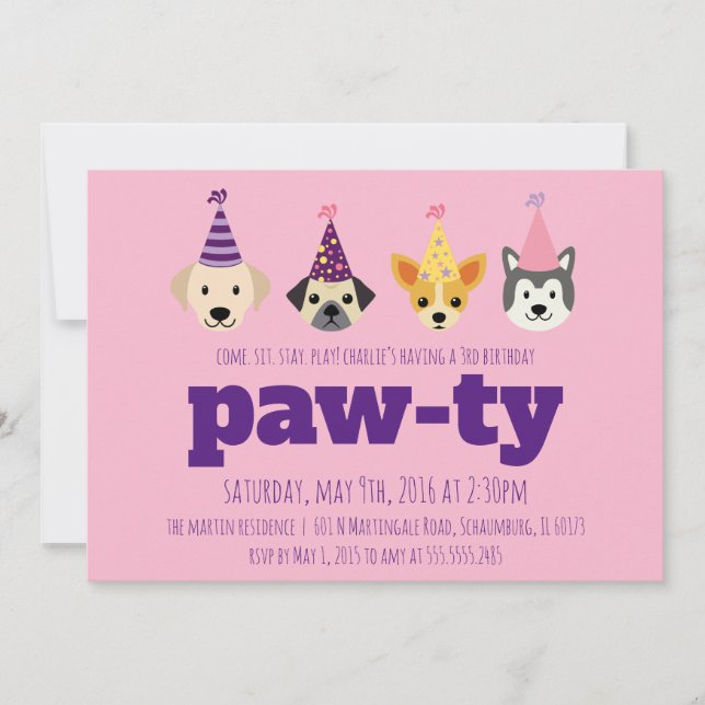 Puppy Birthday Party Invitation, Girls Dog Invite (Front)