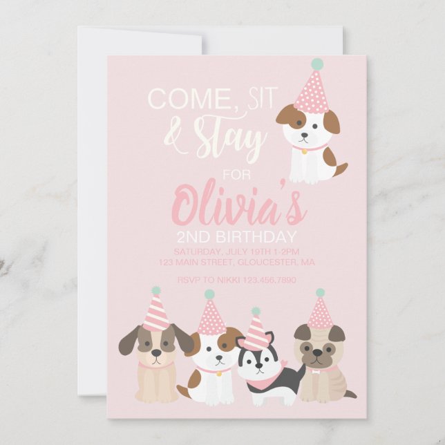 Puppy birthday party invitation Pink (Front)