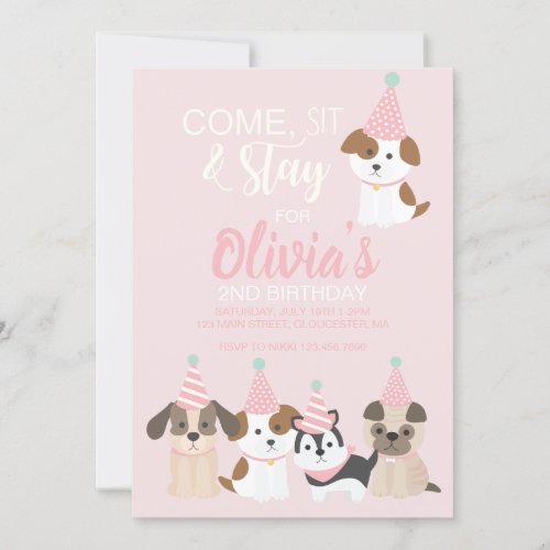 Puppy birthday party invitation Pink