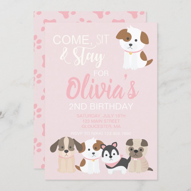 Puppy birthday party invitation Pink (Front/Back)