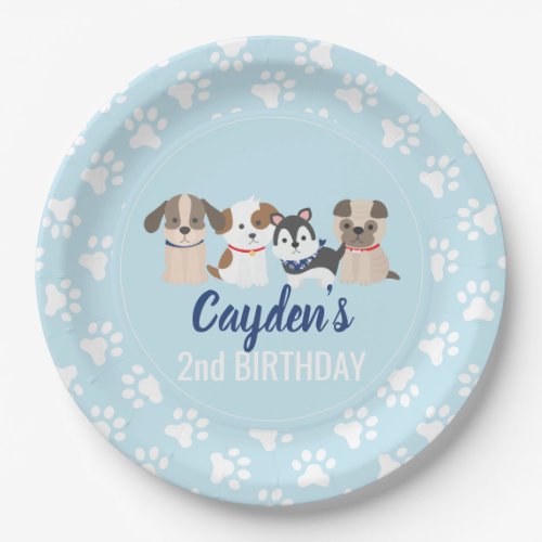 Puppy birthday party plates blue paw prints