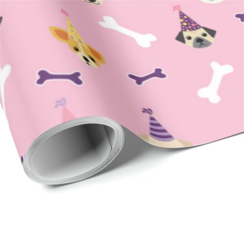 Puppy Birthday Party Wrapping Paper_Pink  Purple  Wrapping Paper