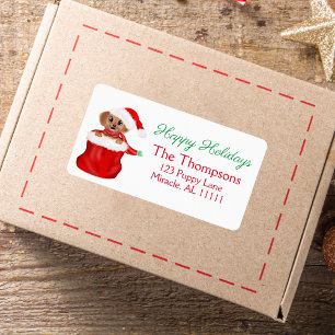 Puppy Bulldog In Santa's Bag Happy Holidays Label