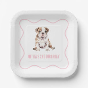 Puppy bulldog preppy pink plaid birthday paper plates