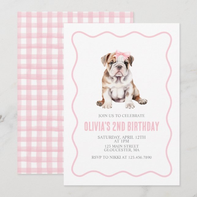 Puppy bulldog preppy plaid birthday invitation (Front/Back)