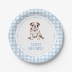 Puppy bulldog preppy plaid birthday paper plates