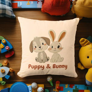 Puppy & Bunny   Cute Animal Friends Decor for Kids Throw Pillow