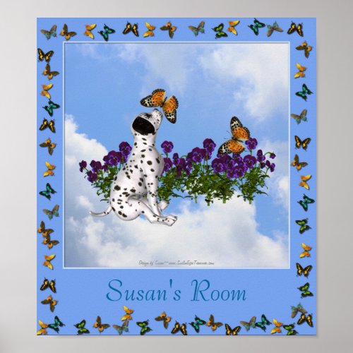 Puppy Butterflies Violets Kids Room Personalized Poster