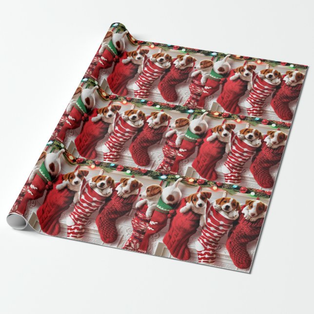 Puppy Christmas Sock Wrapping Paper (Unrolled)