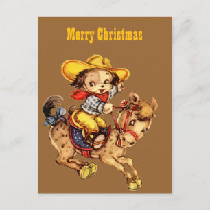 Puppy Cowboy on His Horse Merry Christmas Holiday Postcard