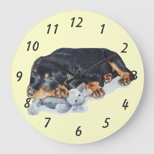 puppy cuddling teddy bear rottweiler dog wristwatc large clock