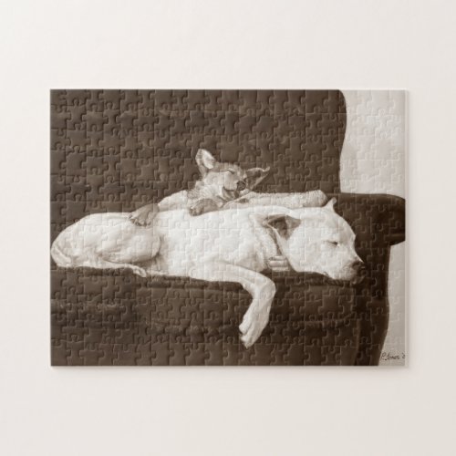 puppy cuddling white american bulldog jigsaw puzzle