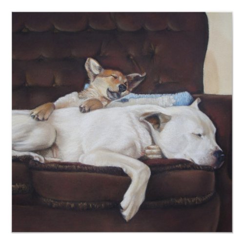 puppy cuddling white american bulldog realist art poster