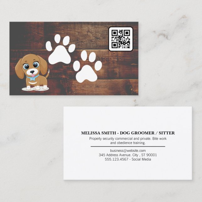 Puppy | Cute Doggie Paws | Wood | QR code Business Card (Front/Back)