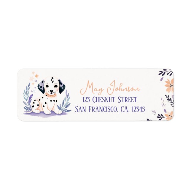 Puppy Dalmatian Boho Peach Lavender Floral Design  Label (Front)