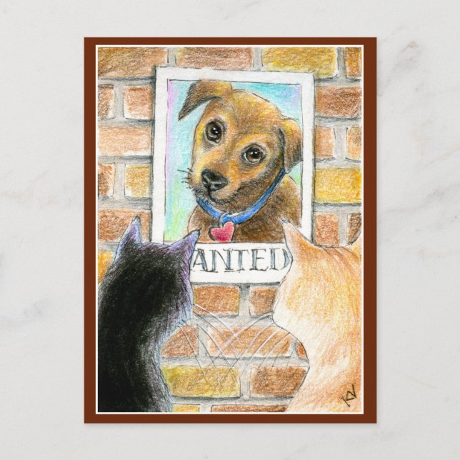 Puppy dog and cat cute art post card (Front)