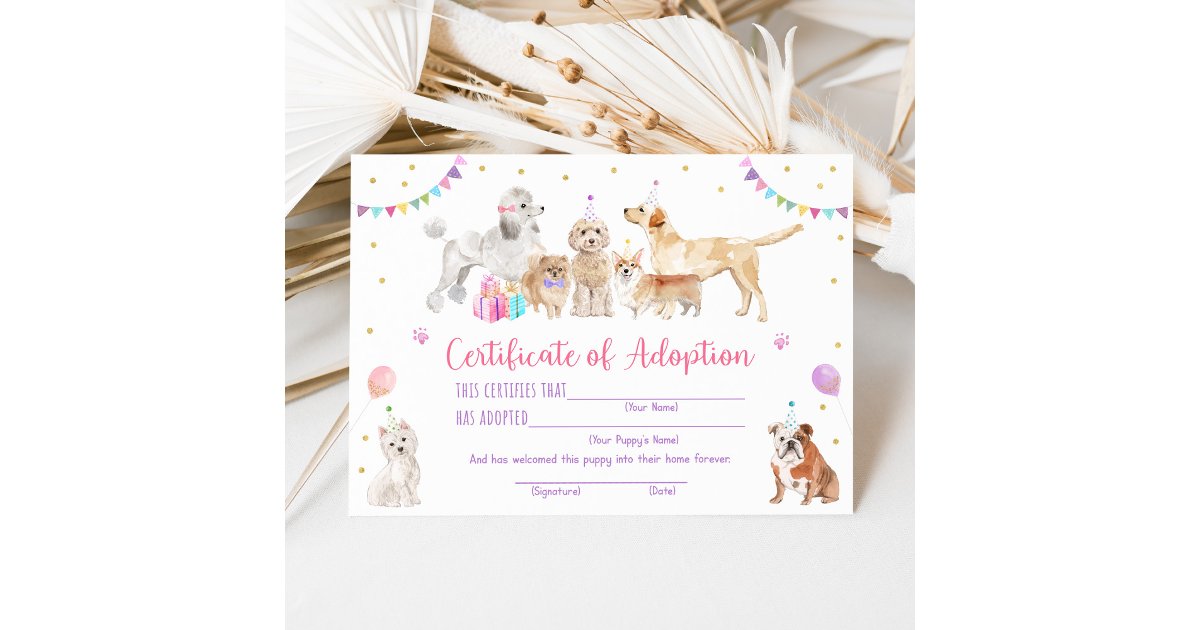 Puppy Dog Birthday Adopt A Puppy Certificate Invitation | Zazzle