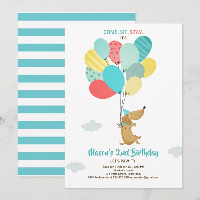 Puppy dog Birthday invitation Balloons Boy Blue (Front/Back)