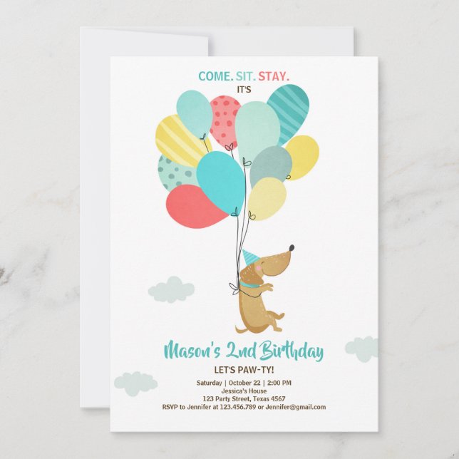 Puppy dog Birthday invitation Balloons Boy Blue (Front)