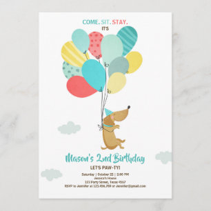 Puppy dog Birthday invitation Balloons Boy Blue