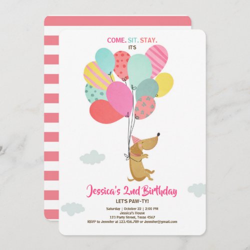 Puppy dog Birthday invitation Balloons Girl pink