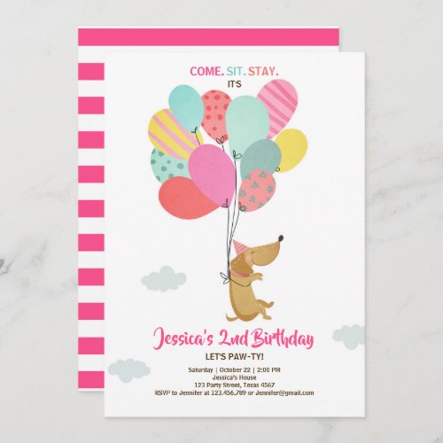 Puppy dog Birthday invitation Balloons Girl pink
