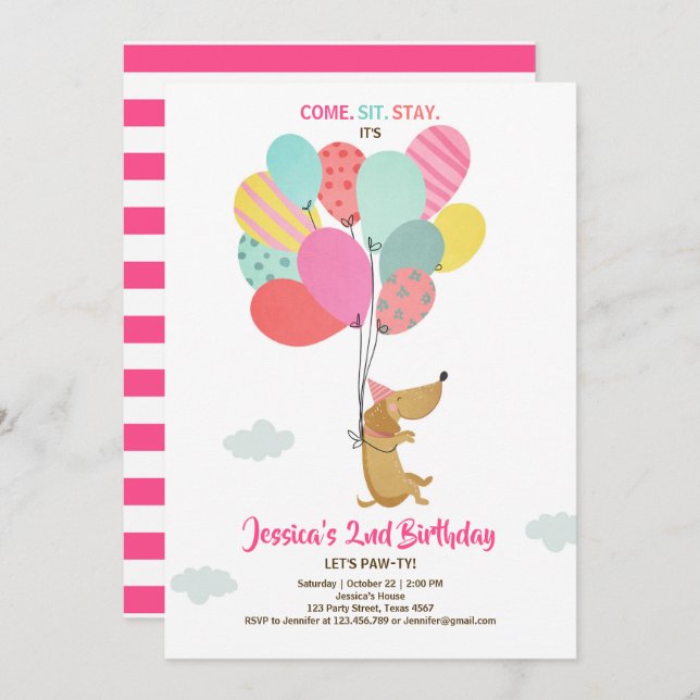Puppy dog Birthday invitation Balloons Girl pink (Front/Back)